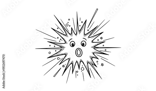 A shocked cartoon virus cell with a surprised face and explosive lines