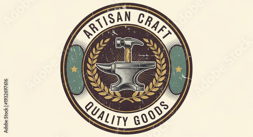 Artisan Craft Quality Goods Logo Depicting Hammer and Anvil Symbol.