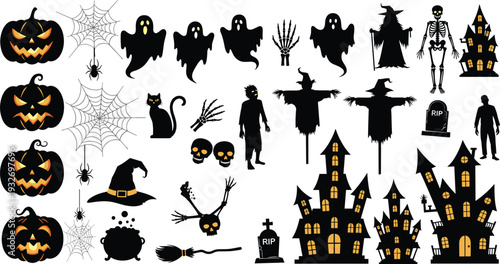 Halloween silhouette collection with pumpkins ghosts witches haunted houses bats and spooky elements vector illustration set