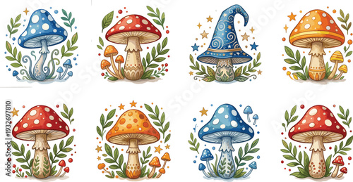Set of Eight Whimsical Magic Mushroom Illustrations with Botanical Leaves Stars and Ornate Patterns in Vibrant Red Blue and Orange for Fantasy Graphic Design