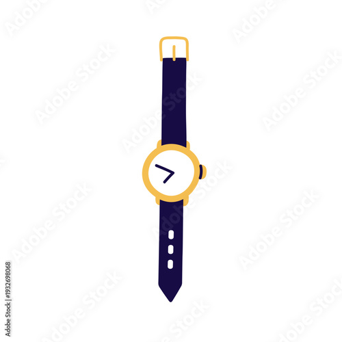 Wrist watch. Hand watches with classic analog dial in retro style. Quartz analogue wristwatch, clock design with arrows, leather bracelet, strap. Flat vector illustration isolated on white background