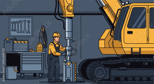 Illustration of a mechanic repairing a yellow excavator in a garage setting, wearing a hard hat and overalls, showcasing maintenance and engineering.