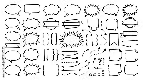 Hand Drawn Doodle Set of Speech Bubbles Arrows and Note Elements for Mind Map Planning