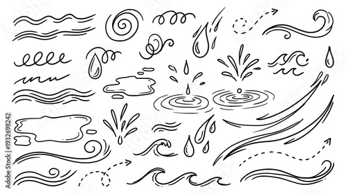 Black hand drawn liquid motion doodles set with water waves splashes ripples and wind swirls