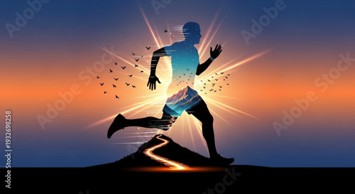 Man running towards mountain peak at vibrant sunset