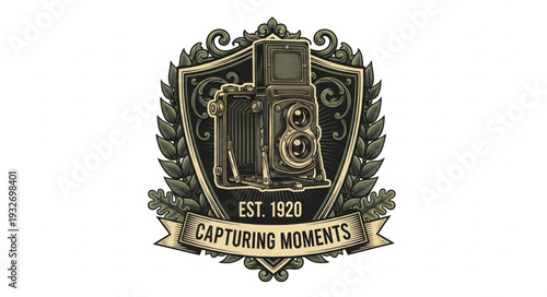 Vintage emblem capturing moments with a camera and laurel wreath design.