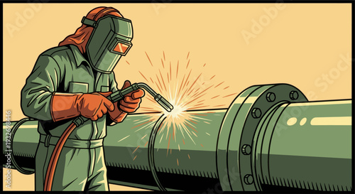 Illustration of a welder in protective gear repairing a large metal pipeline, creating bright sparks. Use it for construction, repair, or industrial safety concepts.