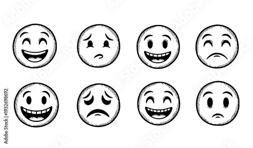 A set of eight emoticon faces with various expressions on a white background