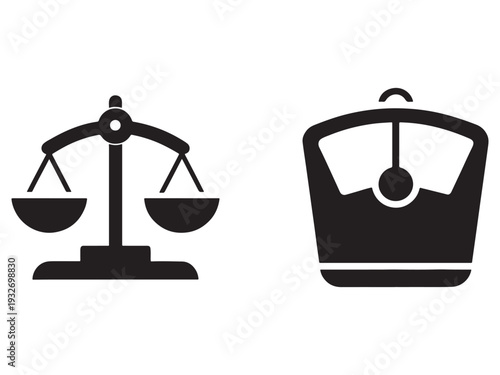 Balance scales and bathroom scales icons for weighing and measurement concepts  two black silhouettes on white background
