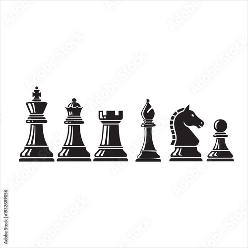 The set of black and white chess pieces is set apart against a white background.