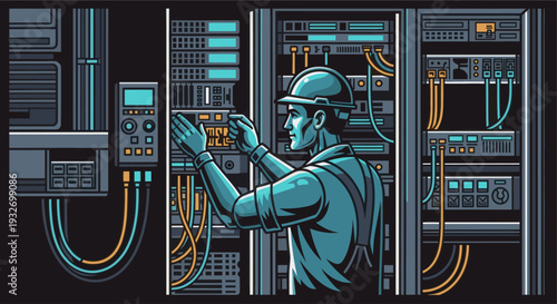 Illustration of a technician with a hard hat inspecting server racks in a data center, rendered in a retro, graphic style with turquoise and gray tones.