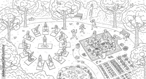 People gathering around a table in a park, enjoying a social event together.