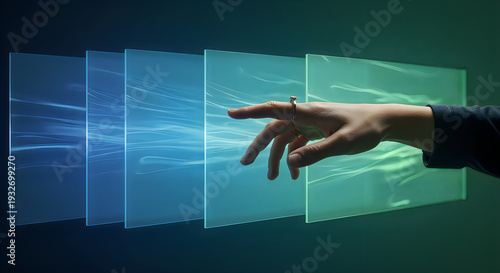 person touching virtual screens with finger
