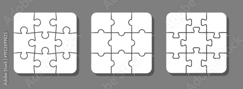 Jigsaw puzzle template set with blank 9 pieces in different patterns. Vector outline design for DIY games, crafts, creative projects, decor with wavy interlocking shapes with unique squiggly borders