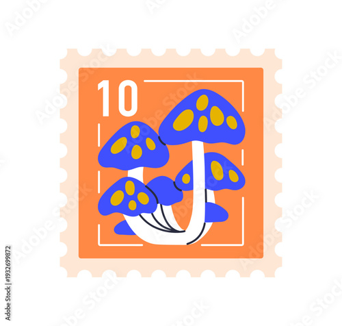 Post stamp with mushrooms. Fly agaric fungi on square postal mark with perfor...