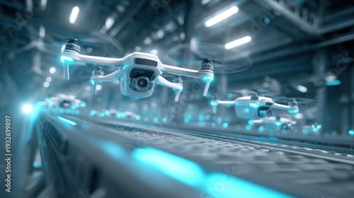 Drones flying over a production line in a high-tech facility during the day