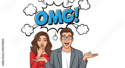 Pop Art Couple with OMG Comic Text – Surprised Man and Woman Reaction Illustration