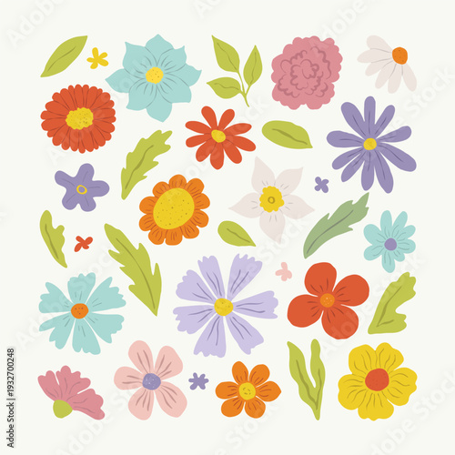 Colorful floral pattern with hand drawn blooming flowers and leaves for spring or summer design. Flat vector illustration. Perfect for print, poster, background