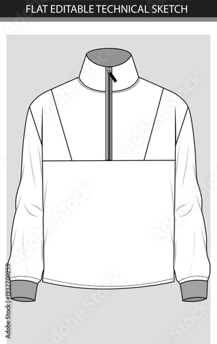 Flat Editable Technical Sketch of Quarter-Zip Pullover Jacket winter