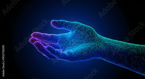 wireframe hand with glowing lines and network connections