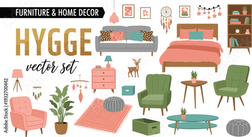 Hygge furniture and home decor collection with cozy sofa bed armchair plants and accessories flat vector illustration set