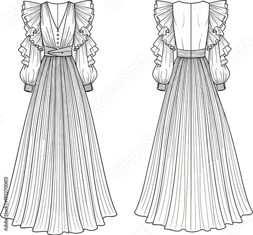 Women casual elastic waist midi skirt with drawstring and pockets cad drawing flat vector illustration for fashion design technical pack