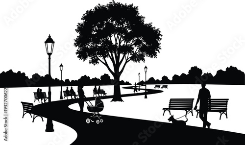 Black silhouette of a public park with winding path, people walking dogs and strollers, park benches and trees, outdoor landscape
