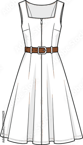 Women casual elastic waist midi skirt with drawstring and pockets cad drawing flat vector illustration for fashion design technical pack