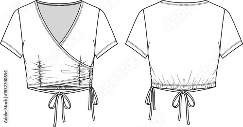 Women short sleeve v neck wrap crop top with ruched front and tie waist cad drawing flat vector illustration for fashion