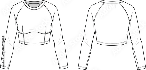 Women long sleeve raglan cropped top with crew neck and seam details cad drawing flat vector illustration for fashion design