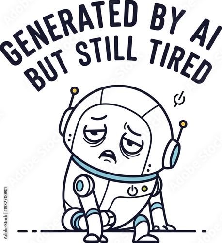 Sad robot with text generated by ai but still tired artificial intelligence