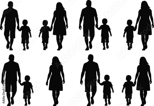Set of family silhouettes with parents holding hands with children walking together isolated on white background for lifestyle and parenting designs