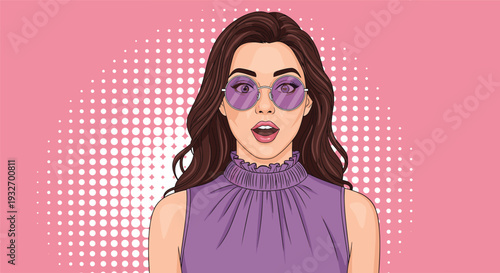 Pop Art Woman Portrait with Purple Sunglasses on Pink Halftone Background