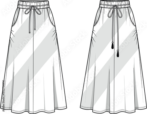 Women casual elastic waist midi skirt with drawstring and pockets cad drawing flat vector illustration for fashion design technical pack