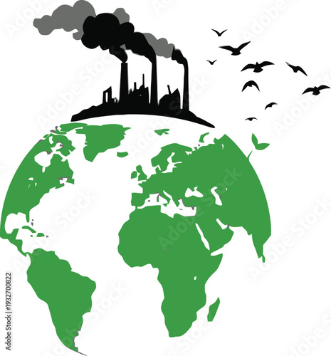 Global pollution concept with factory smoke polluting the green earth and flying birds silhouette.