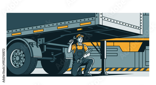 Illustration of a truck mechanic kneeling and repairing a trailer with two wrenches, showing the trailer undercarriage, wheels, and support structure in stylized vector art.