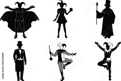 Black silhouettes of circus performers and jesters, harlequin characters in carnival costumes isolated on white background, theatrical entertainment and festive icons