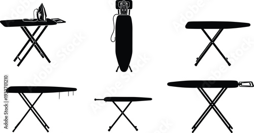Black silhouettes of ironing boards and electric irons, household laundry equipment icons isolated on white background, domestic chores and appliance vectors