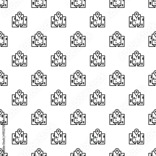 Seamless pattern featuring a map icon with a destination pin and trees