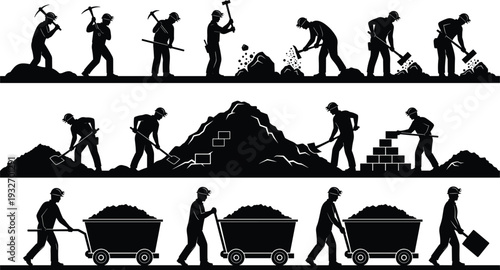 Black silhouettes of miners working with pickaxes and shovels, coal mine workers with carts isolated on white background, industrial labor