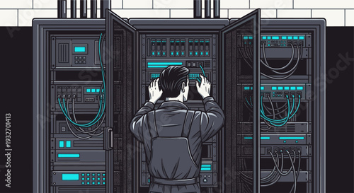 Cartoon illustration of an IT engineer working on servers in a data center, showcasing technology maintenance and network infrastructure management.