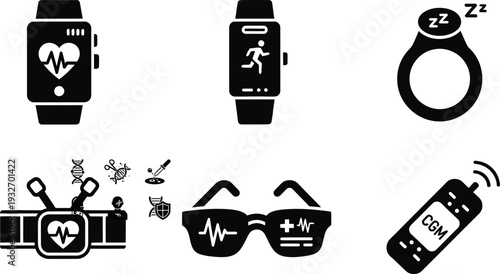 Smart Wearable Health Technology Icon Set; Fitness Tracker, Smart Watch, Sleep Ring, CGM Glucose Monitor, and AR Smart Glasses Vector Symbols for MedTech, Telehealth, and Wellness Apps