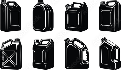 Jerrycan Silhouette Vector Collection with Fuel Canisters, Plastic Oil Jugs, Water Containers, and Gas Bottles Isolated on White Background for Industrial Design