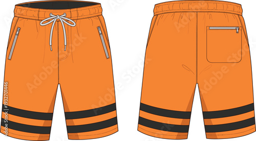 Orange Mens Athletic Shorts Technical Flat Sketch Template Front and Back View Zipper Pockets Drawstring Waistband CAD Drawing Flat Vector Illustration