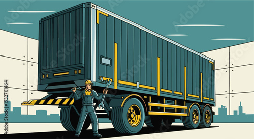 Illustration of a male mechanic holding wrenches, repairing a large teal semi-truck trailer with yellow accents inside of a minimalist warehouse. Could be used for logistics or transport concepts.