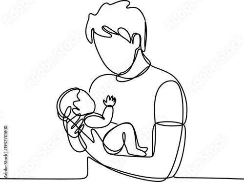 Father holding newborn baby continuous line drawing
