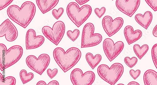 Hand drawn pink hatched heart seamless pattern background