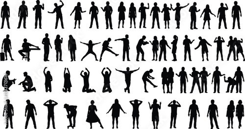 Large collection of black human silhouettes in various poses, people standing and sitting and gesturing icons isolated on white background,