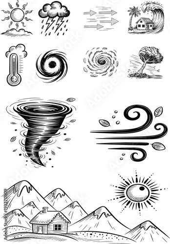 Hand drawn extreme weather natural disasters and climate change vector icon set for environmental education design