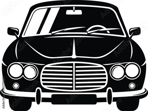 Black and white vector illustration of a vintage classic car front view, retro automobile design icon isolated on white background,